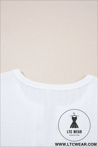 White Textured Hollow Grommet Placket Split Neck Short Sleeve Top - L.T.C Wear Online Fashion Store