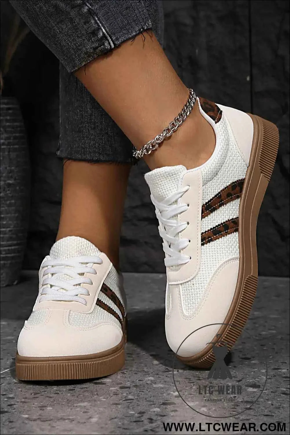 White Textured Woven PU Leather Leopard Patchwork Flat Sneakers