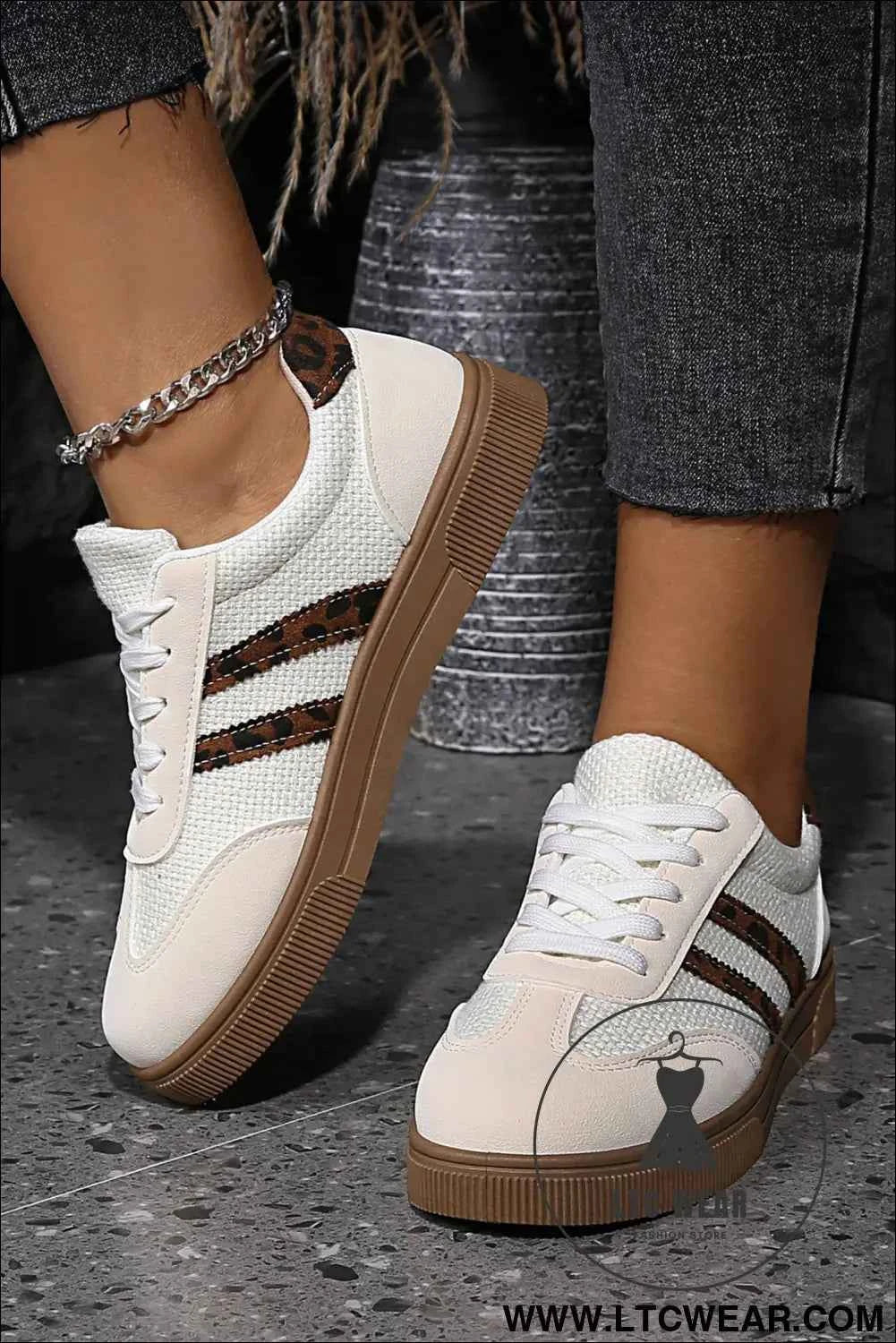 White Textured Woven PU Leather Leopard Patchwork Flat Sneakers