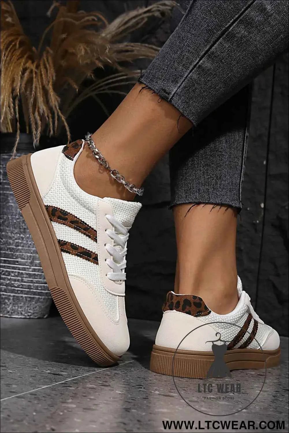 White Textured Woven PU Leather Leopard Patchwork Flat Sneakers