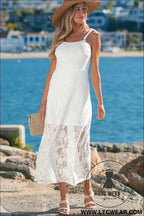 White Tie Spaghetti Straps Floral Lace Overlay Long Dress