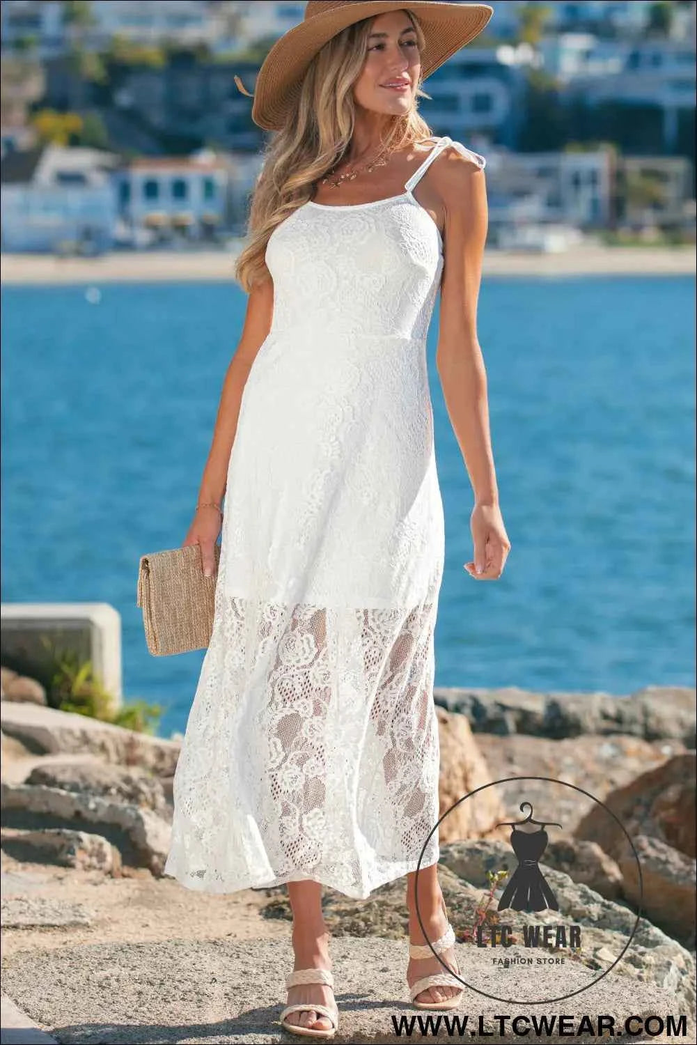 White Tie Spaghetti Straps Floral Lace Overlay Long Dress