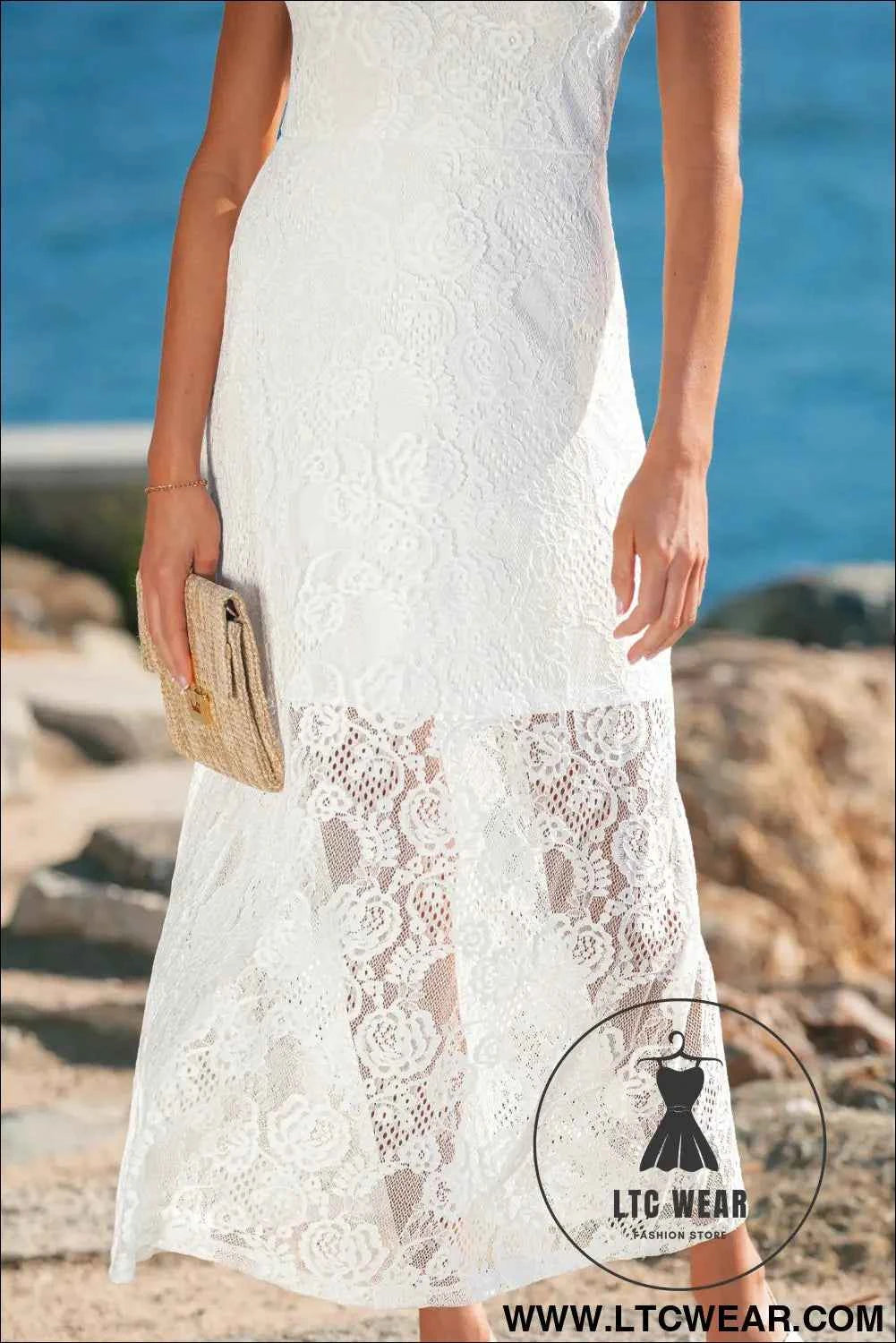White Tie Spaghetti Straps Floral Lace Overlay Long Dress