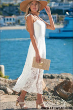 White Tie Spaghetti Straps Floral Lace Overlay Long Dress