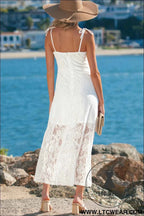 White Tie Spaghetti Straps Floral Lace Overlay Long Dress