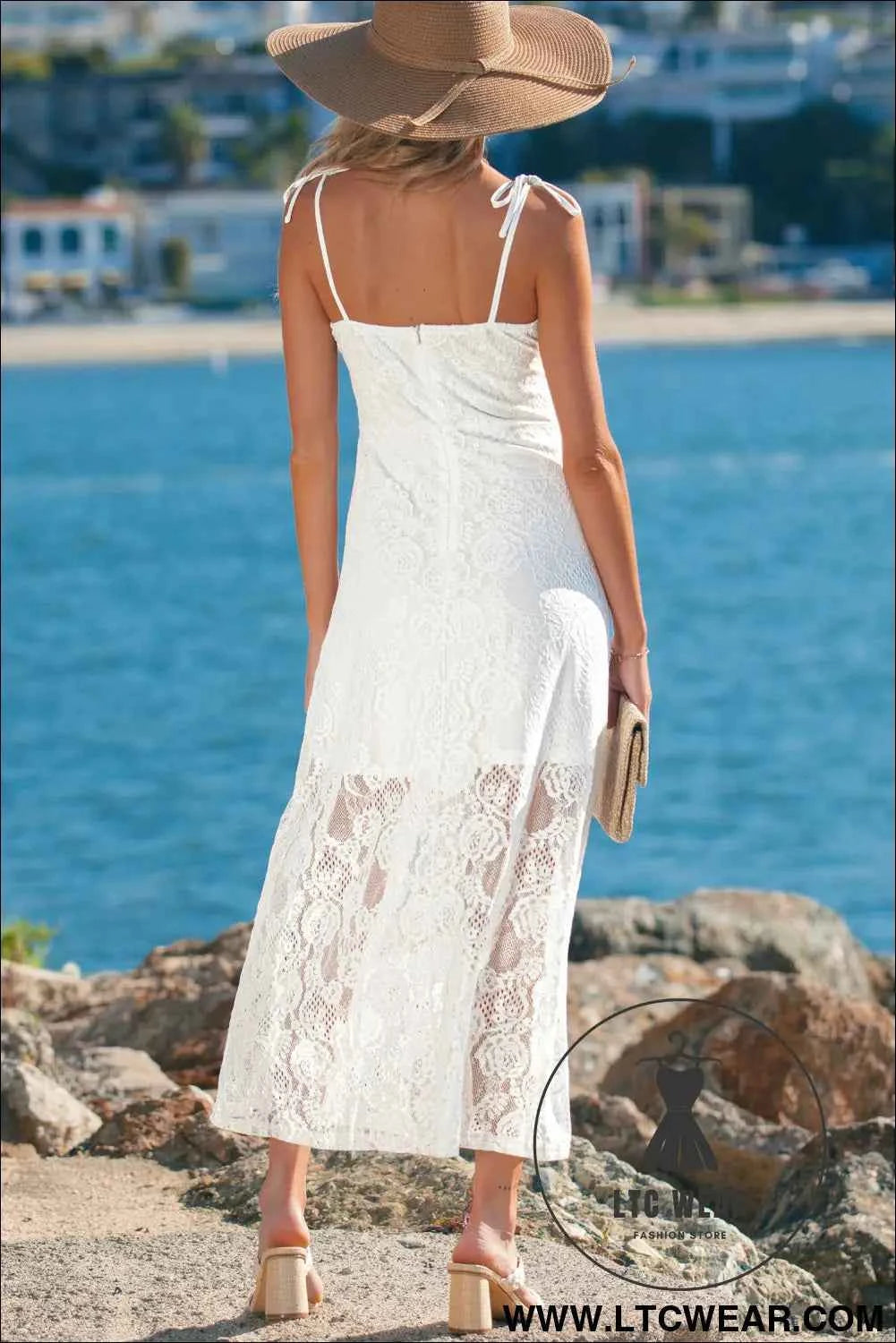 White Tie Spaghetti Straps Floral Lace Overlay Long Dress