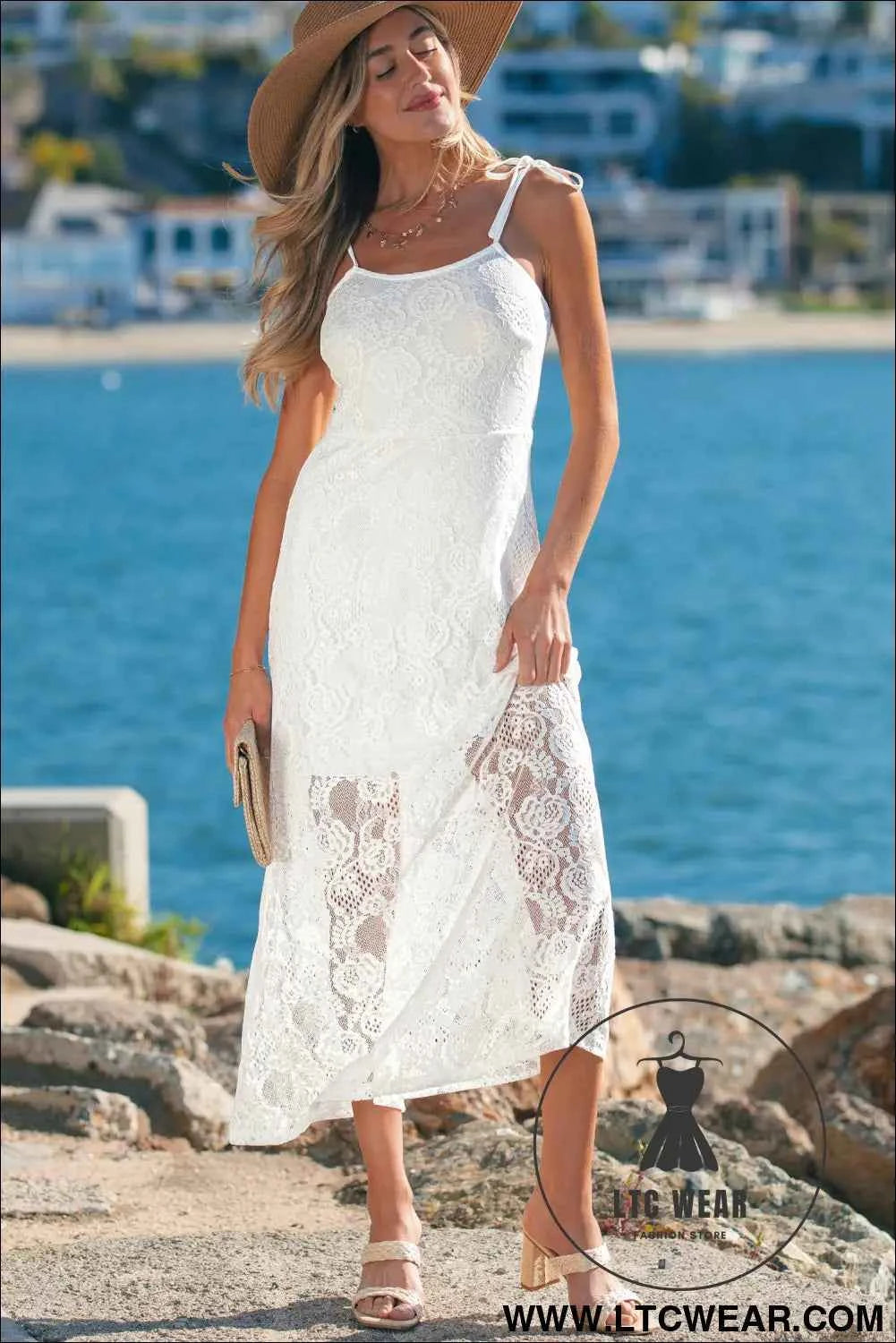 White Tie Spaghetti Straps Floral Lace Overlay Long Dress