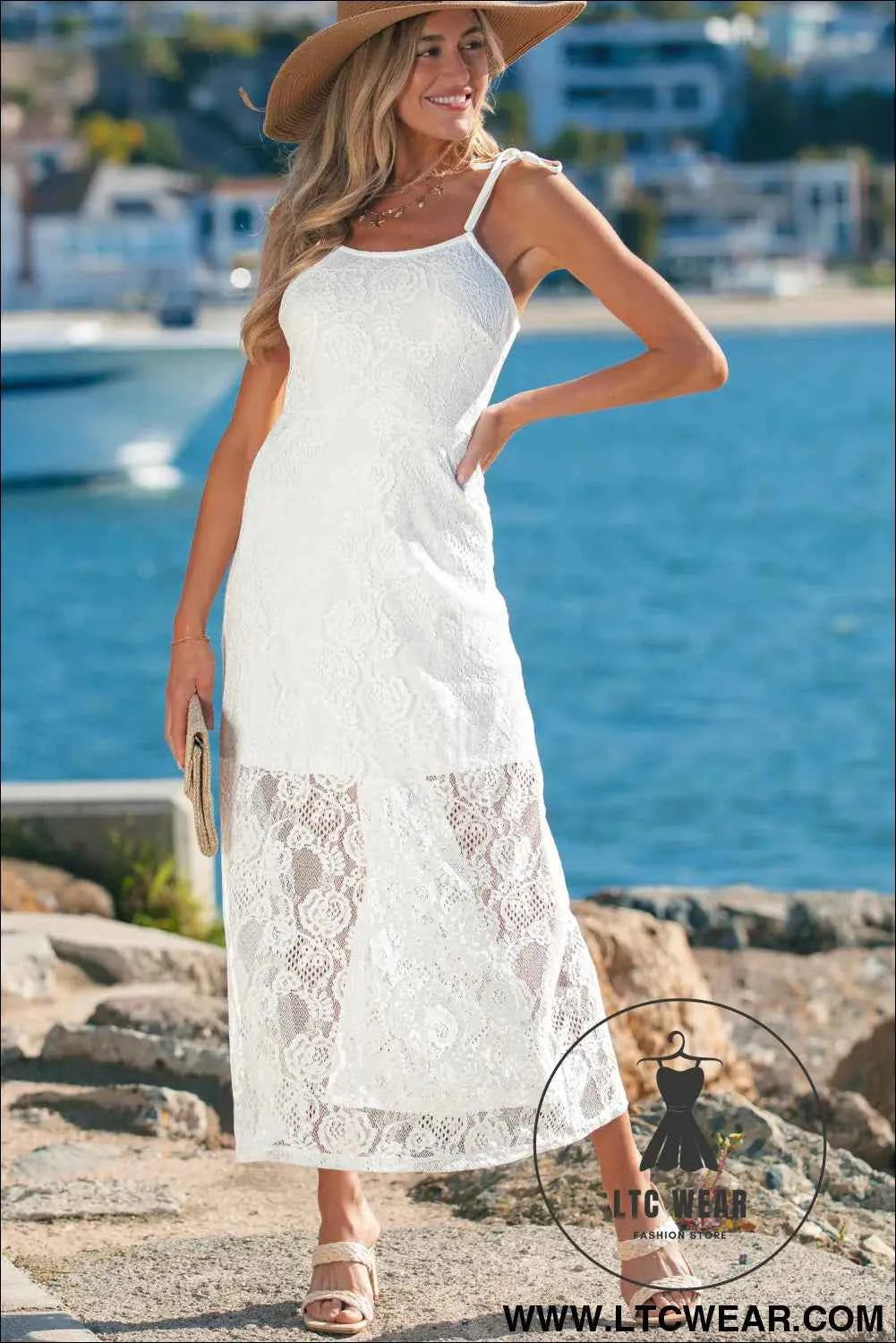 White Tie Spaghetti Straps Floral Lace Overlay Long Dress