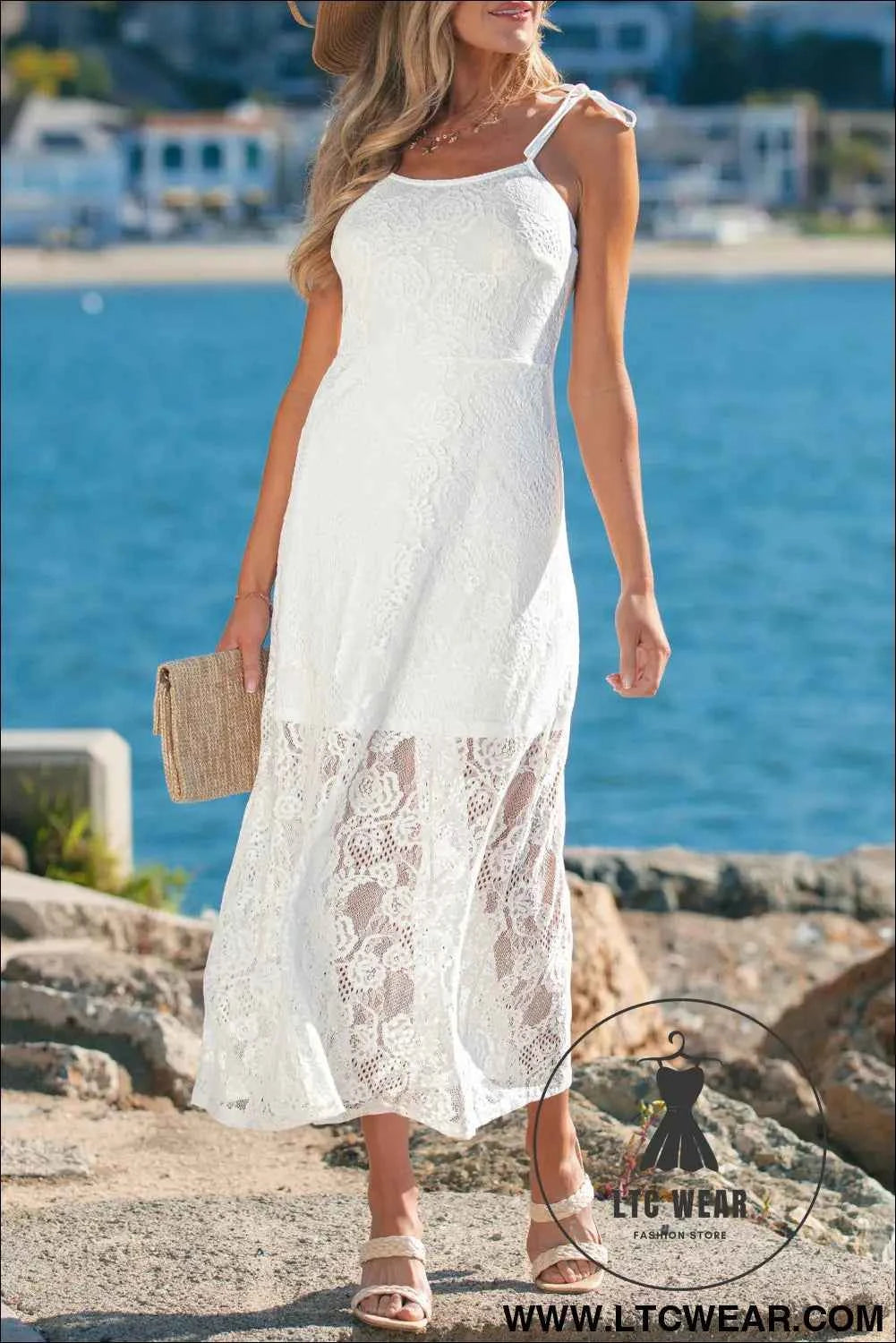 White Tie Spaghetti Straps Floral Lace Overlay Long Dress