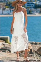 White Tie Spaghetti Straps Floral Lace Overlay Long Dress