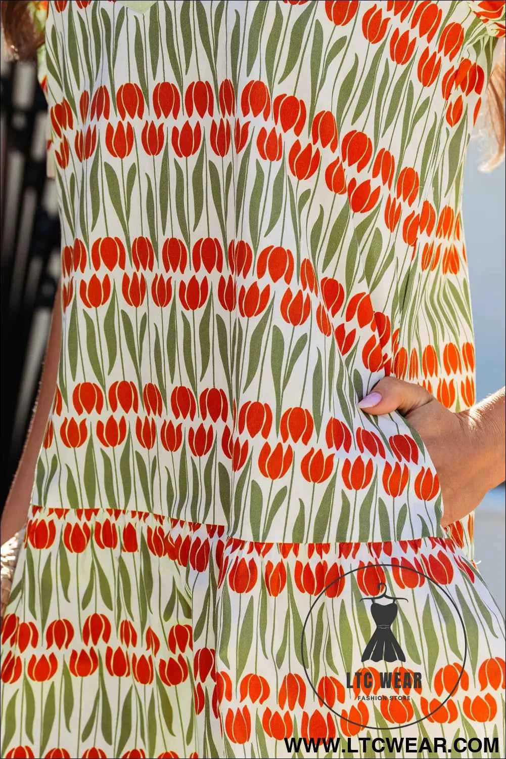 White Tulip Floral Print Cotton Puff Short Sleeve Mini Dress