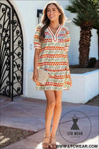 White Tulip Floral Print Cotton Puff Short Sleeve Mini Dress
