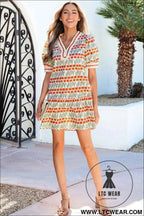 White Tulip Floral Print Cotton Puff Short Sleeve Mini Dress
