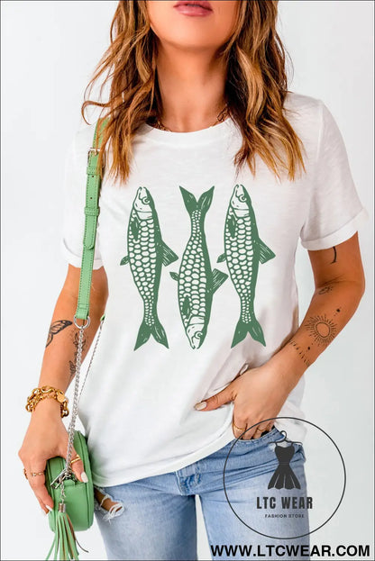 White unique fish graphic casual round neck tee - graphic tees