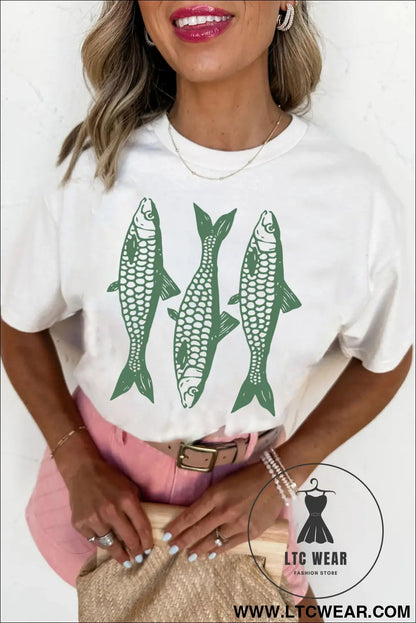 White unique fish graphic casual round neck tee - graphic tees