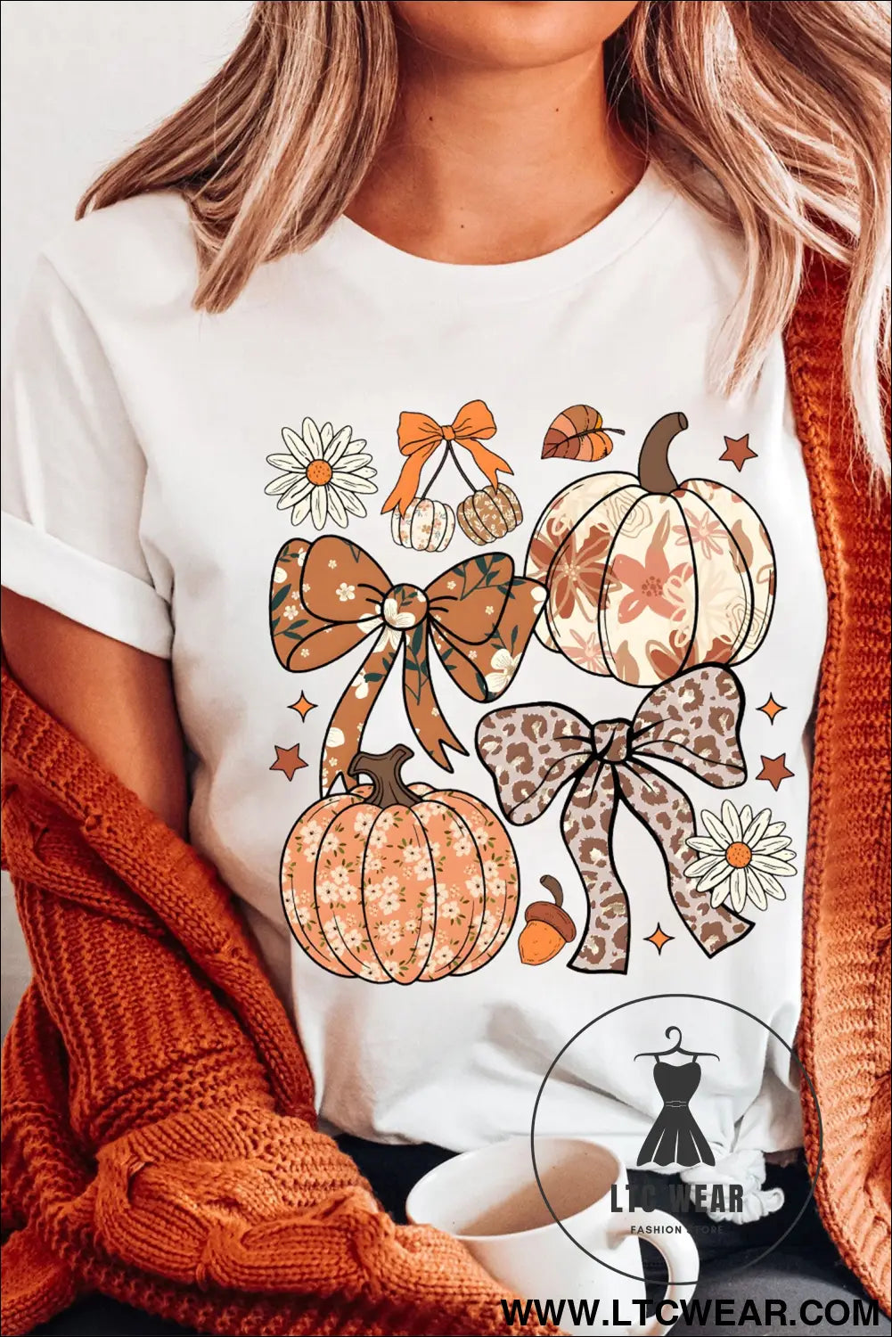 White unique leopard bow pumpkin graphic t shirt - white / 2xl / 62% polyester + 32% cotton + 6% elastane - graphic tees