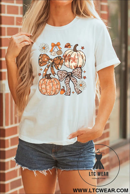 White unique leopard bow pumpkin graphic t shirt - graphic tees
