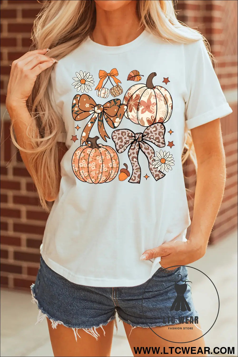 White unique leopard bow pumpkin graphic t shirt - graphic tees