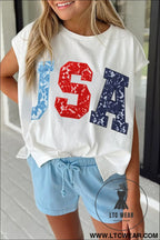 White usa color block letter printed dolman tee - white / l / 62% polyester + 32% cotton + 6% elastane - tops & tees