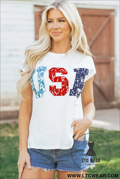 White usa color block letter printed dolman tee - tops & tees