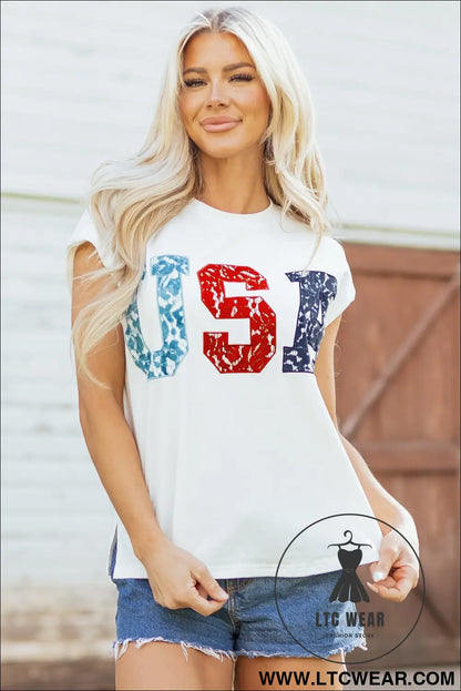 White usa color block letter printed dolman tee - tops & tees