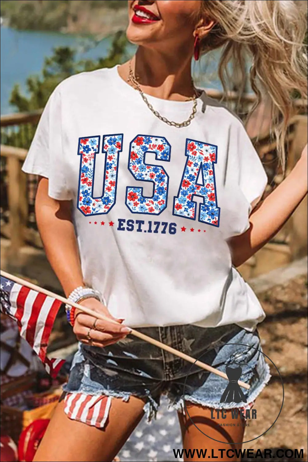 White USA Floral Print EST 1776 Patriotic Graphic Tee
