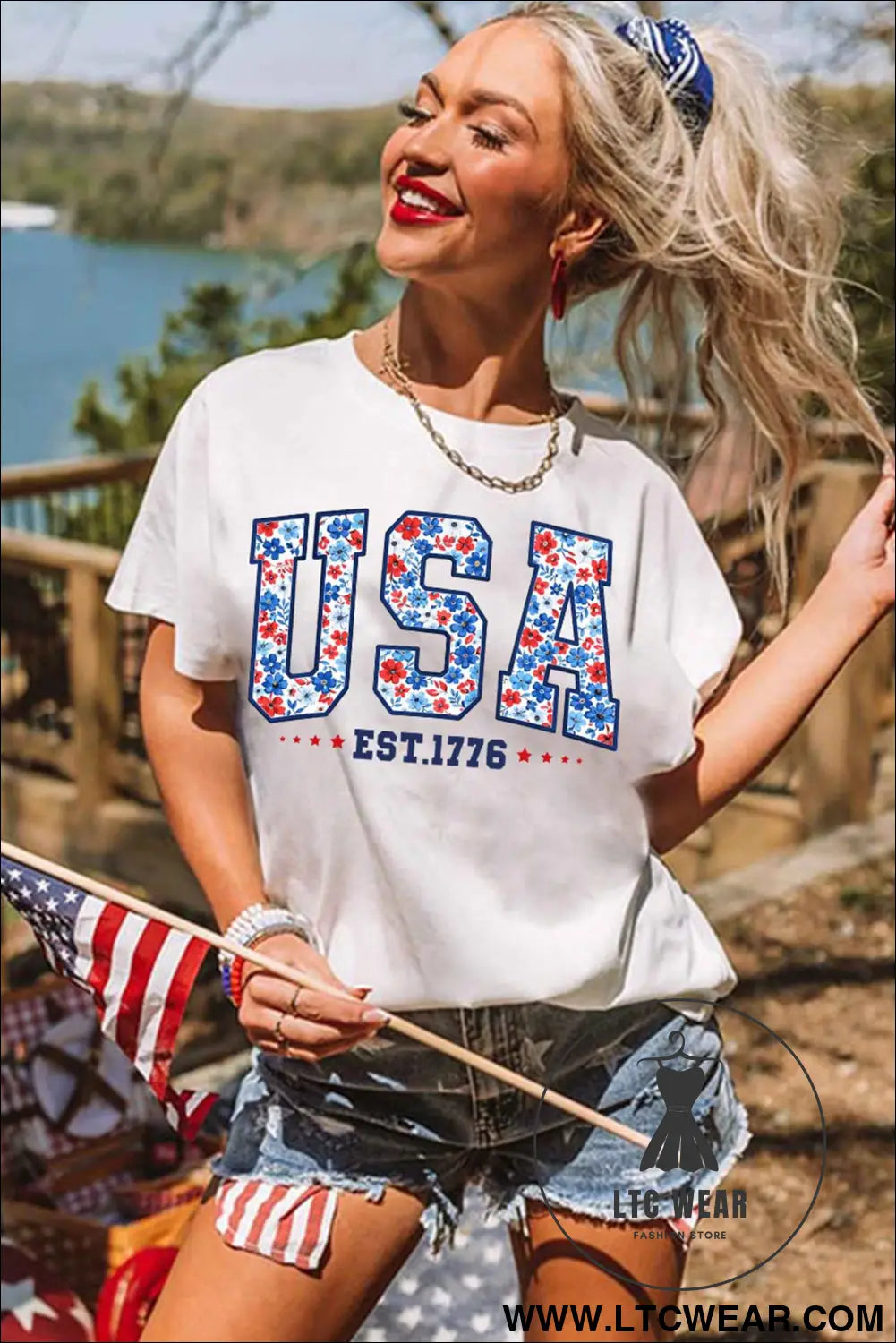White USA Floral Print EST 1776 Patriotic Graphic Tee