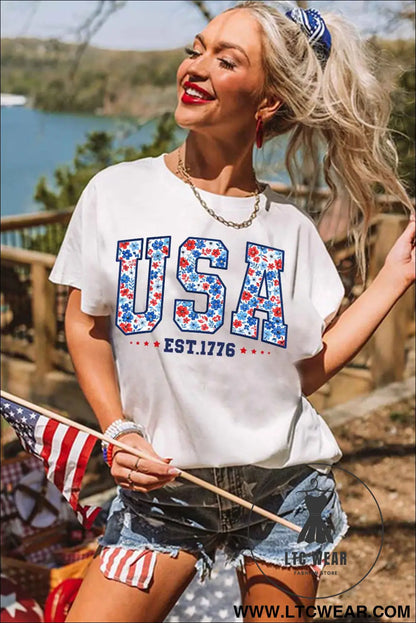 White USA Floral Print EST 1776 Patriotic Graphic Tee
