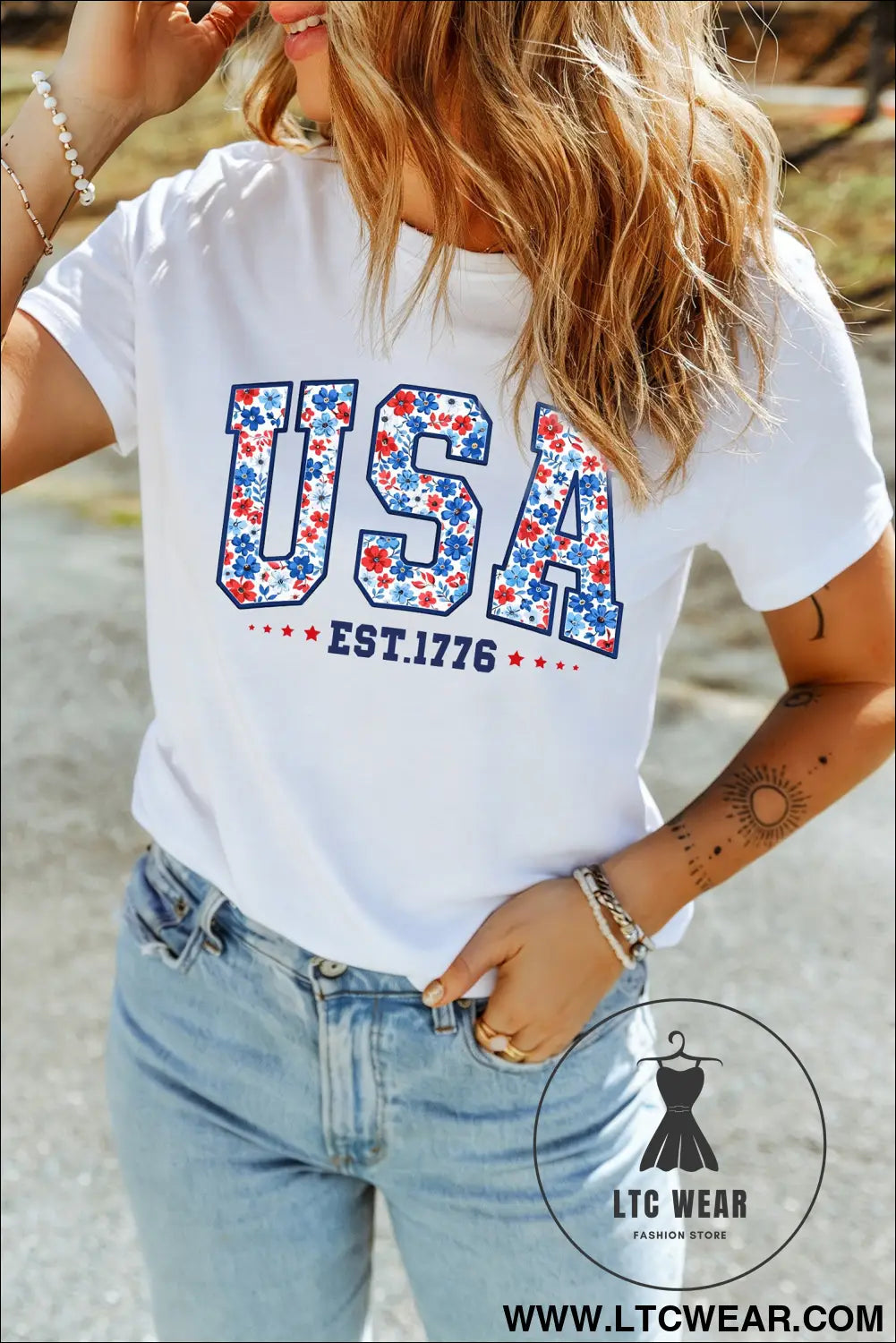 White USA Floral Print EST 1776 Patriotic Graphic Tee - L.T.C Wear Online Fashion Store