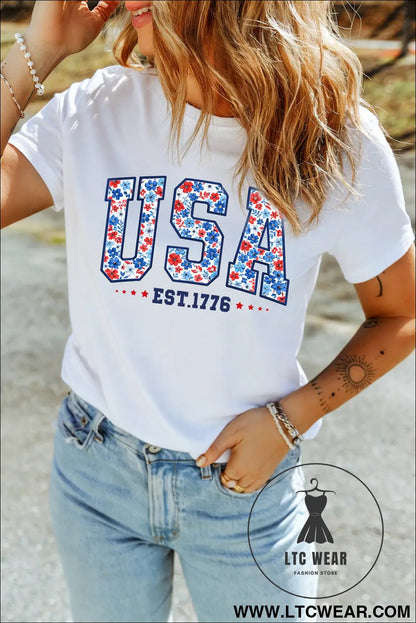 White USA Floral Print EST 1776 Patriotic Graphic Tee - L.T.C Wear Online Fashion Store