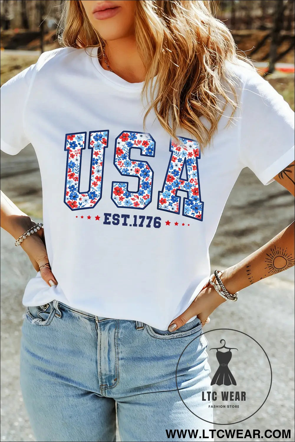 White USA Floral Print EST 1776 Patriotic Graphic Tee - L.T.C Wear Online Fashion Store