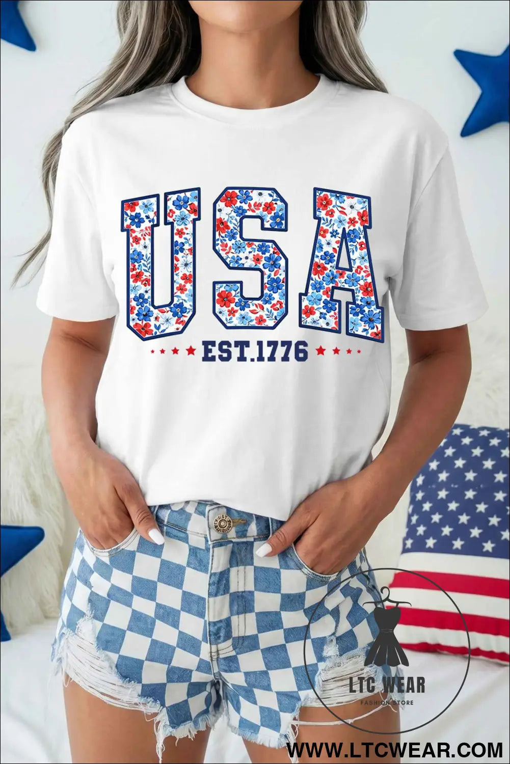 White USA Floral Print EST 1776 Patriotic Graphic Tee