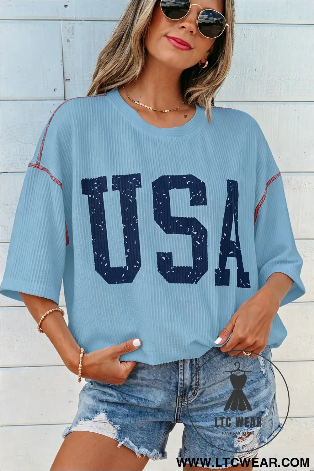 White USA Graphic Half Sleeve Loose Ribbed Top - L.T.C Wear Online Fashion Store