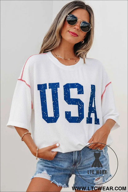 White USA Graphic Half Sleeve Loose Ribbed Top