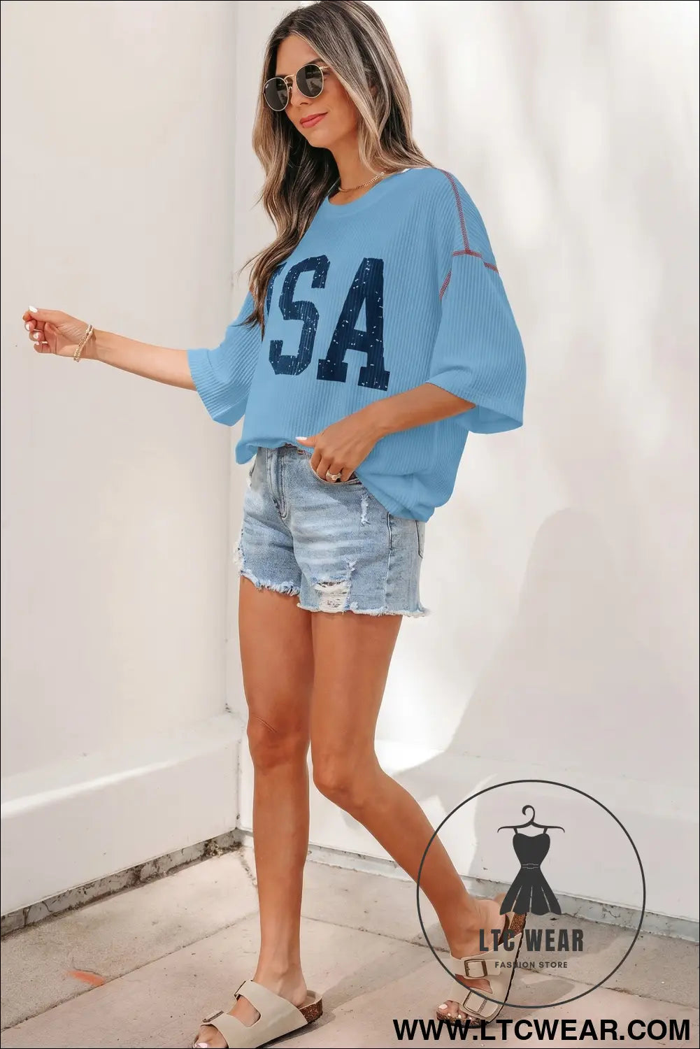White USA Graphic Half Sleeve Loose Ribbed Top - L.T.C Wear Online Fashion Store