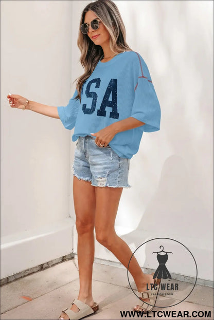 White USA Graphic Half Sleeve Loose Ribbed Top - L.T.C Wear Online Fashion Store