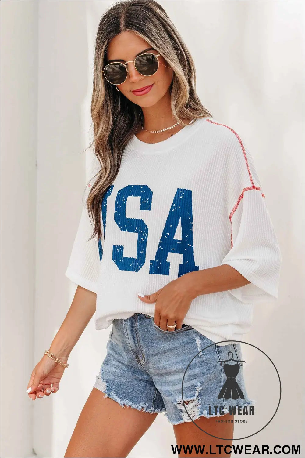 White USA Graphic Half Sleeve Loose Ribbed Top
