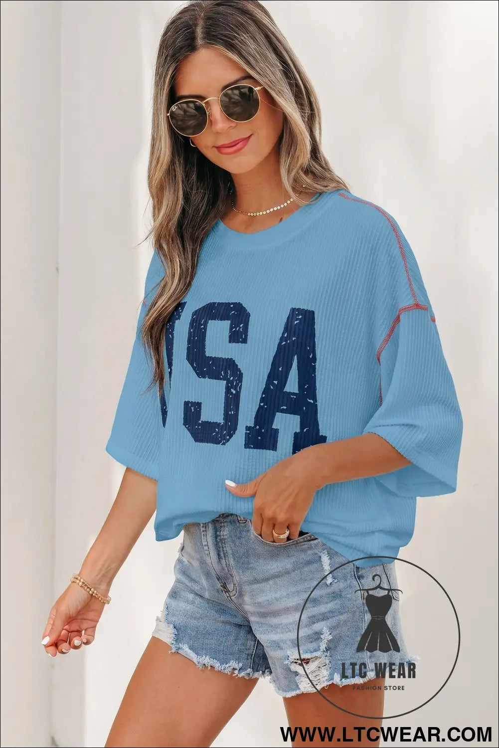 White USA Graphic Half Sleeve Loose Ribbed Top - L.T.C Wear Online Fashion Store