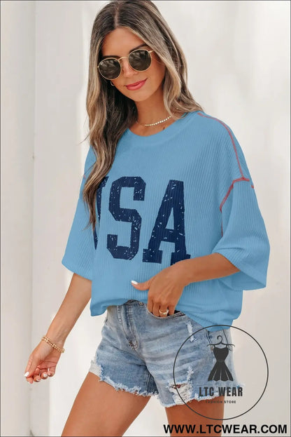 White USA Graphic Half Sleeve Loose Ribbed Top - L.T.C Wear Online Fashion Store