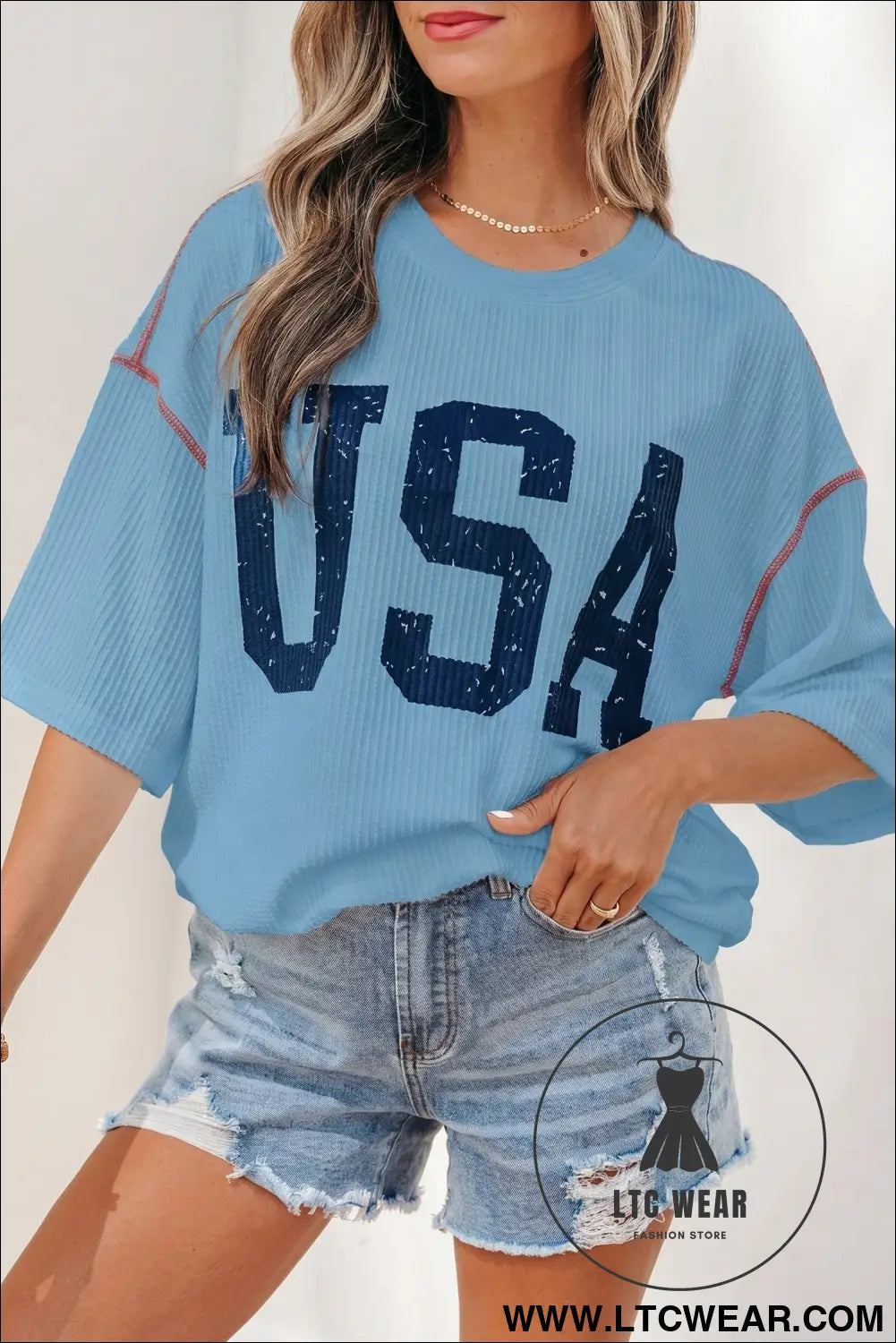 White USA Graphic Half Sleeve Loose Ribbed Top - L.T.C Wear Online Fashion Store