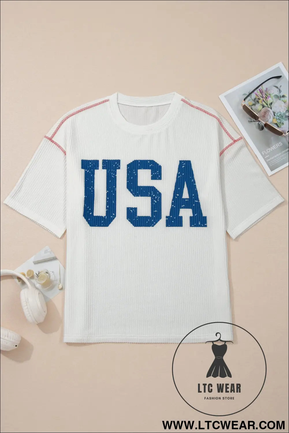 White USA Graphic Half Sleeve Loose Ribbed Top - L.T.C Wear Online Fashion Store