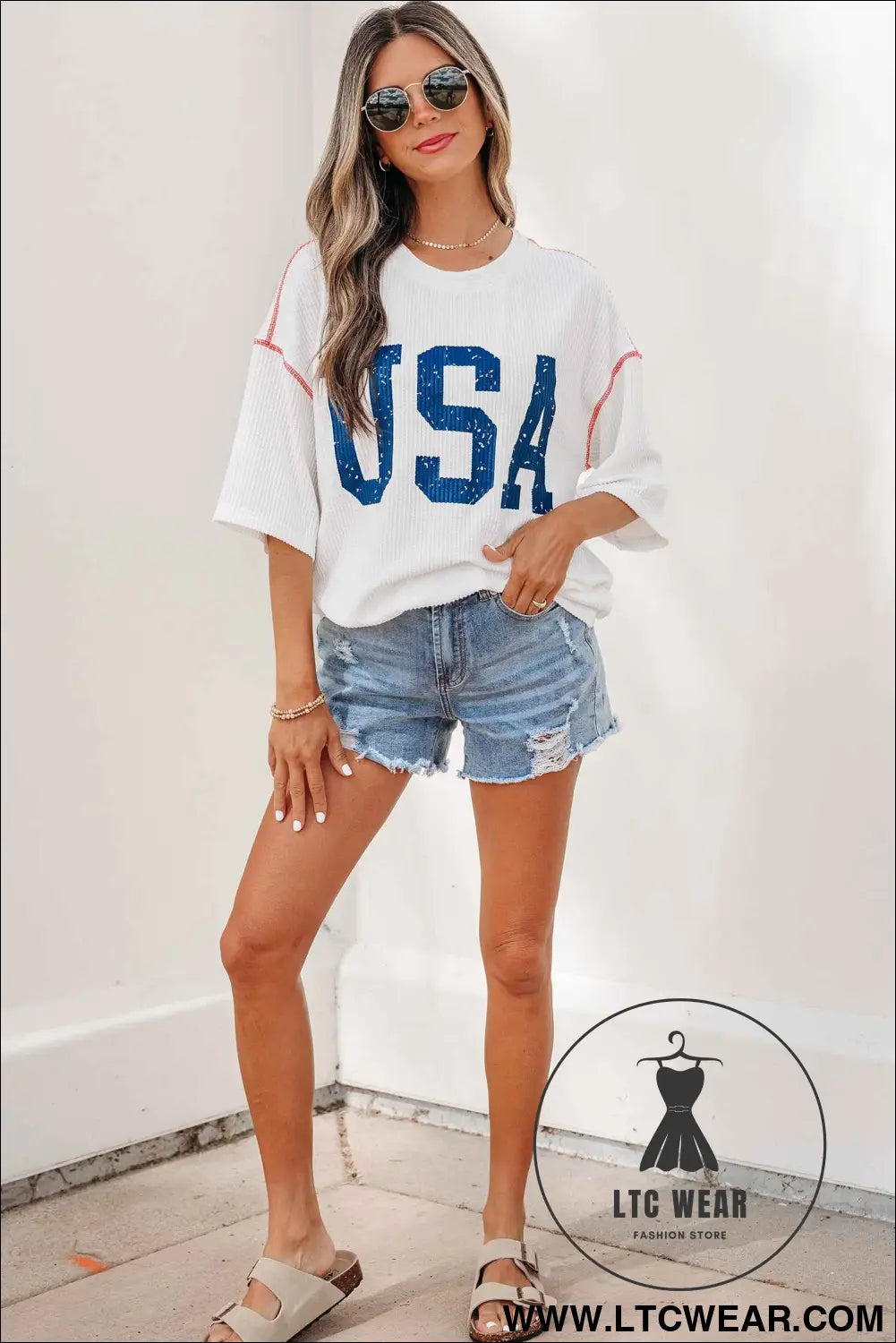 White USA Graphic Half Sleeve Loose Ribbed Top