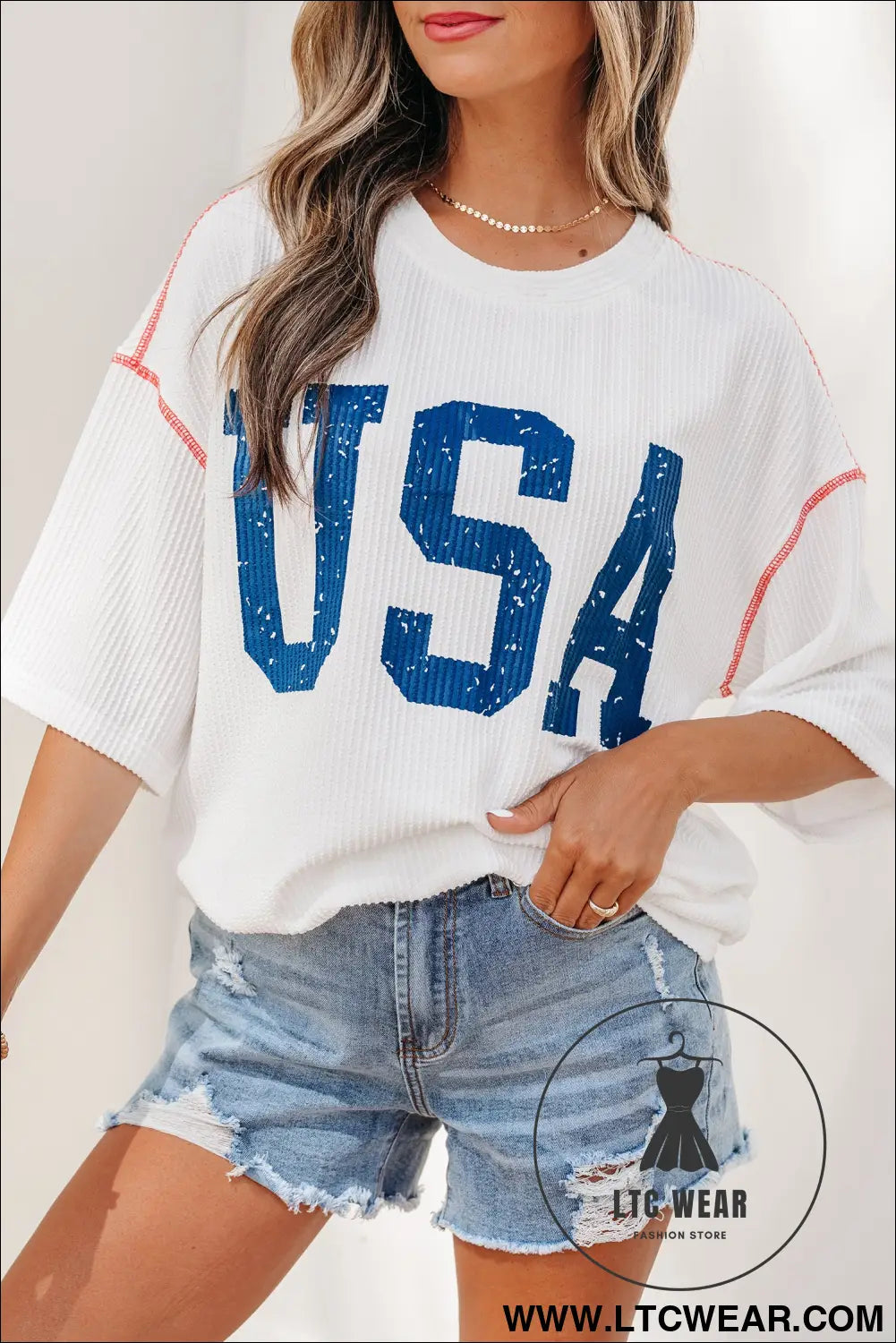 White USA Graphic Half Sleeve Loose Ribbed Top - L.T.C Wear Online Fashion Store