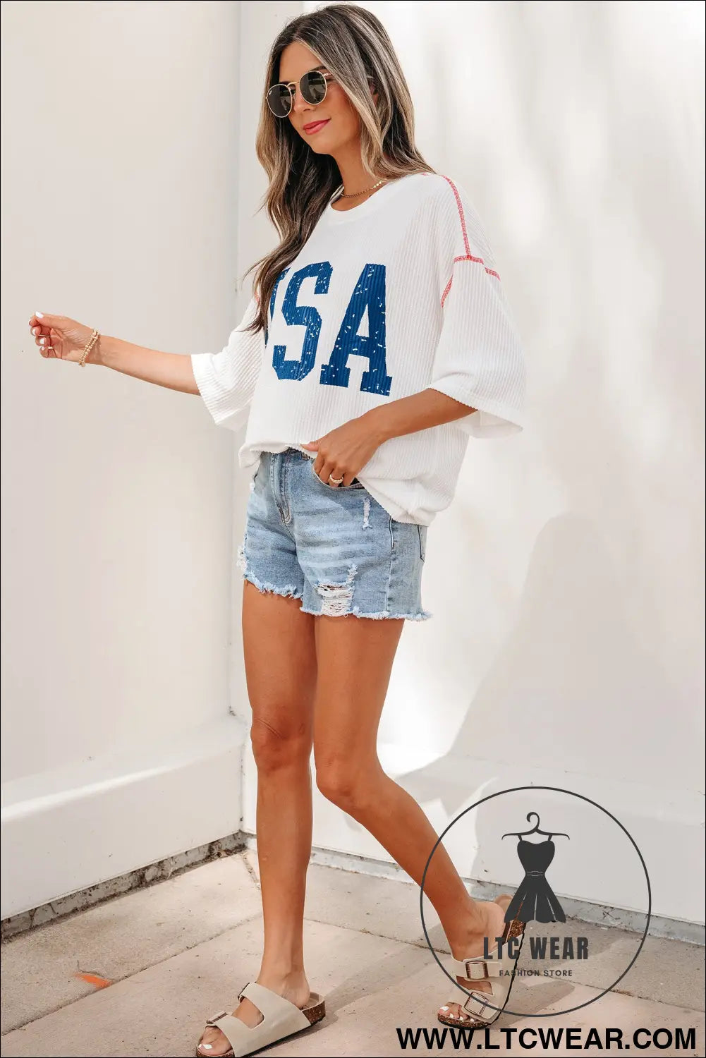 White USA Graphic Half Sleeve Loose Ribbed Top - L.T.C Wear Online Fashion Store