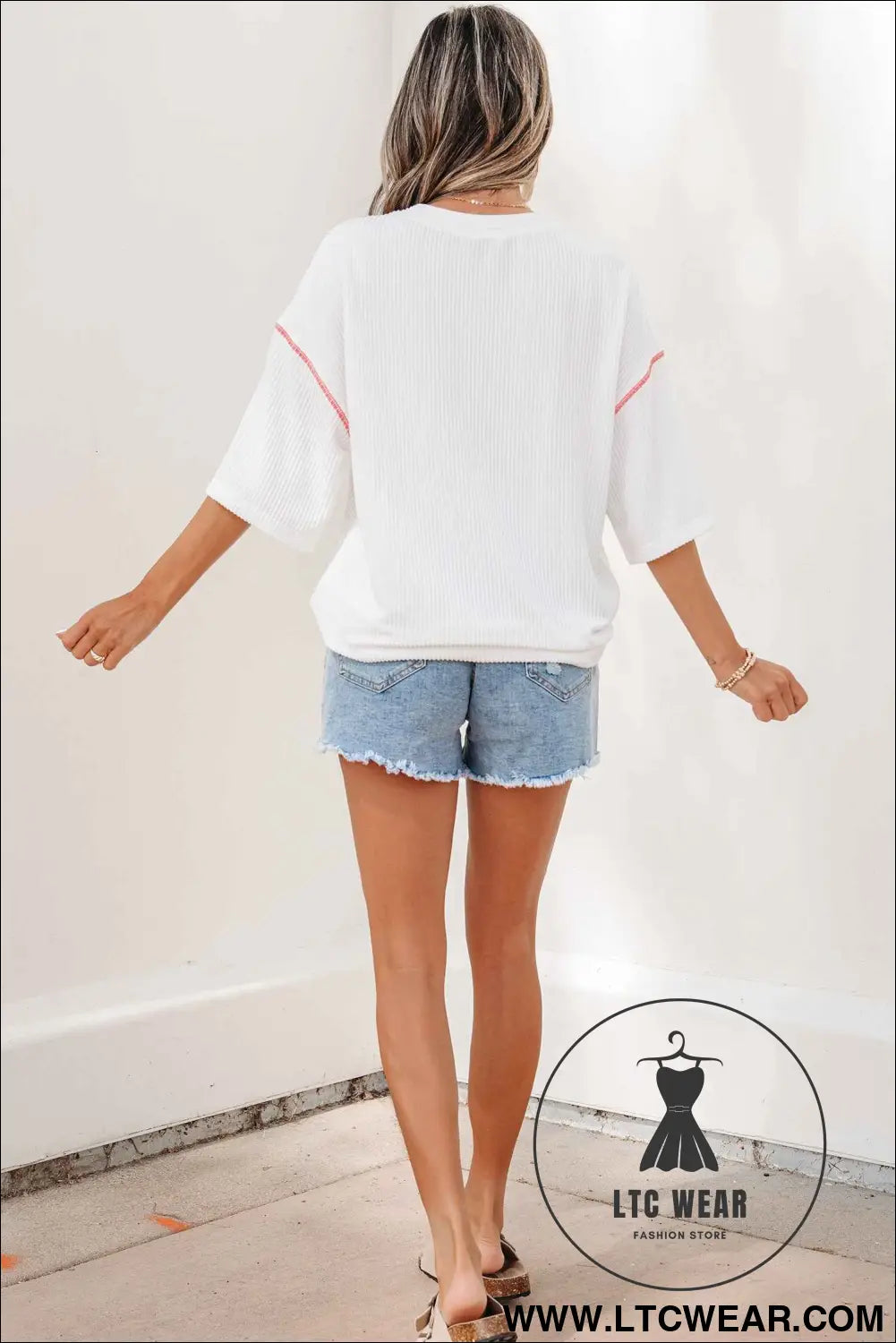 White USA Graphic Half Sleeve Loose Ribbed Top