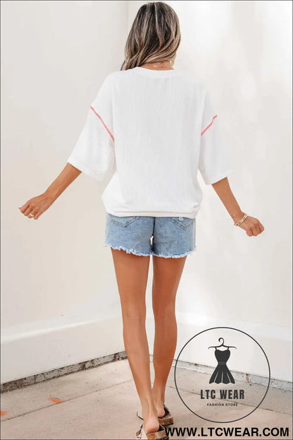 White USA Graphic Half Sleeve Loose Ribbed Top