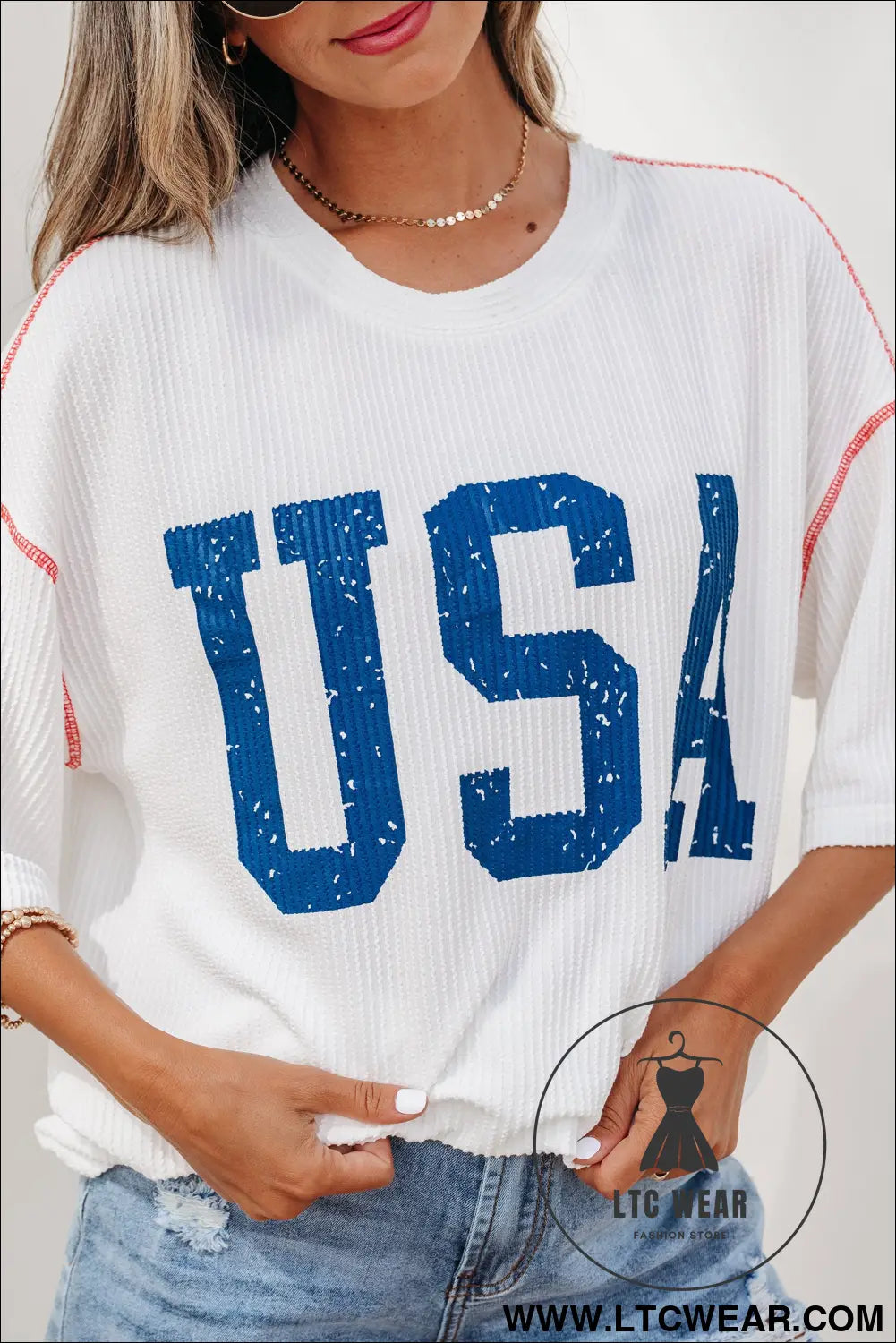 White USA Graphic Half Sleeve Loose Ribbed Top - L.T.C Wear Online Fashion Store