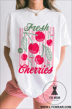 White vintage fresh cherries graphic tee - white / 2xl / 62% polyester + 32% cotton + 6% elastane - graphic tees