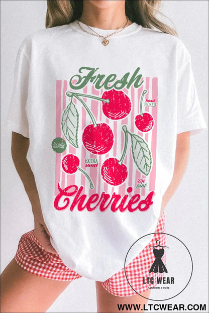 White vintage fresh cherries graphic tee - white / 2xl / 62% polyester + 32% cotton + 6% elastane - graphic tees