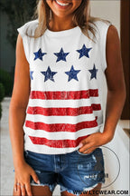 White vintage stars and stripes printed casual tank top - white / l / 95% polyester + 5% elastane - tank tops